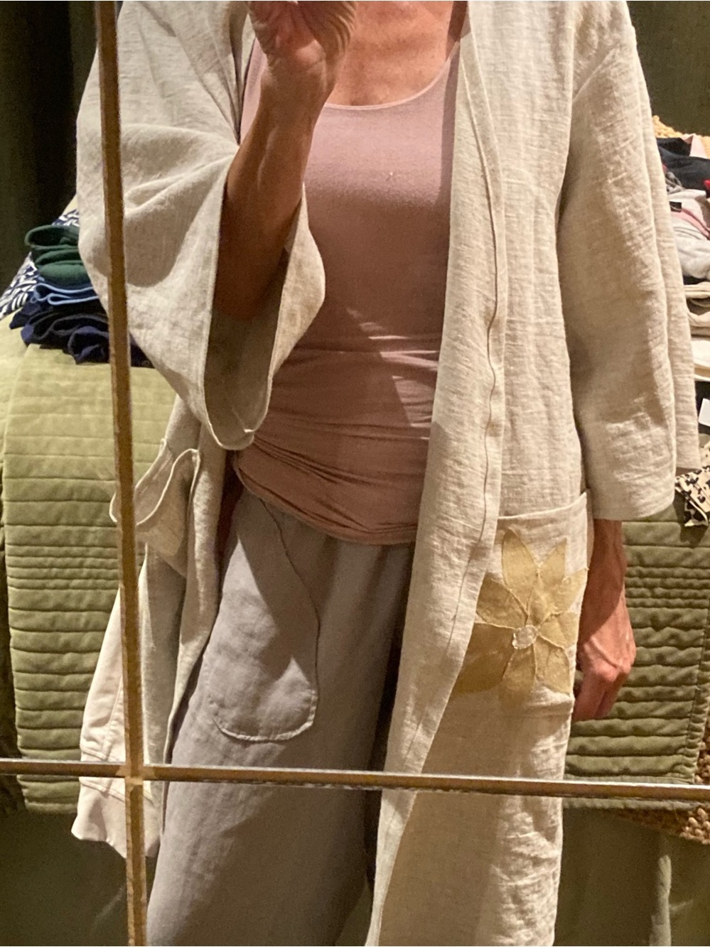 100% Organic Linen Duster with Gold Flower Accent